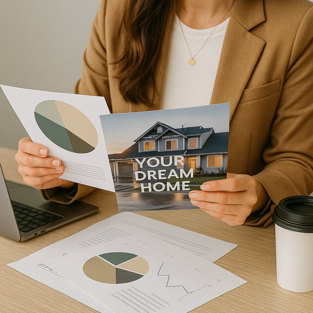 “A professional woman sitting at a cafe table with a laptop and notebook, working on real estate marketing and client outreach.”