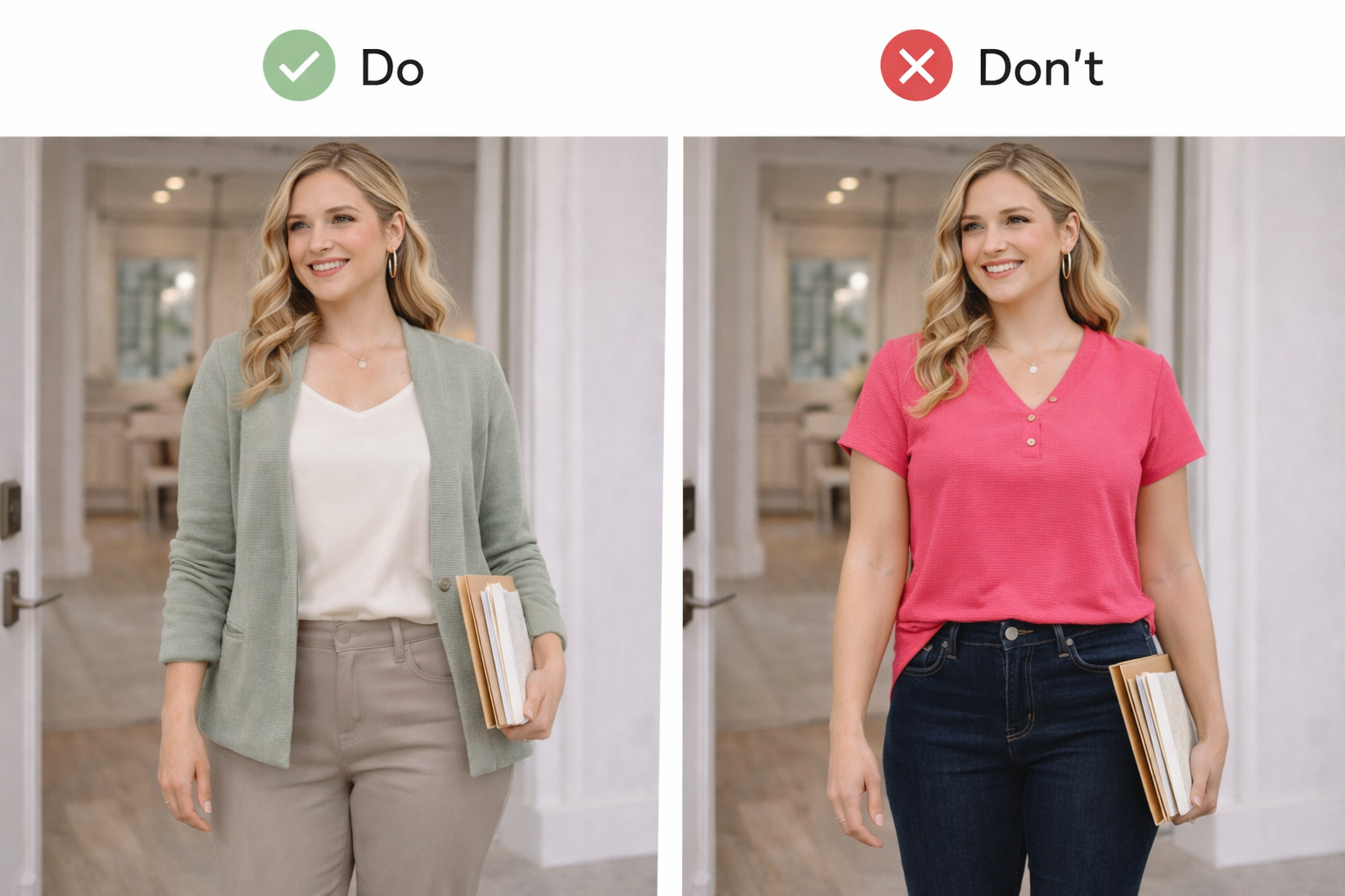 a side by side of a real estate agent wearing neutral colors vs neon.