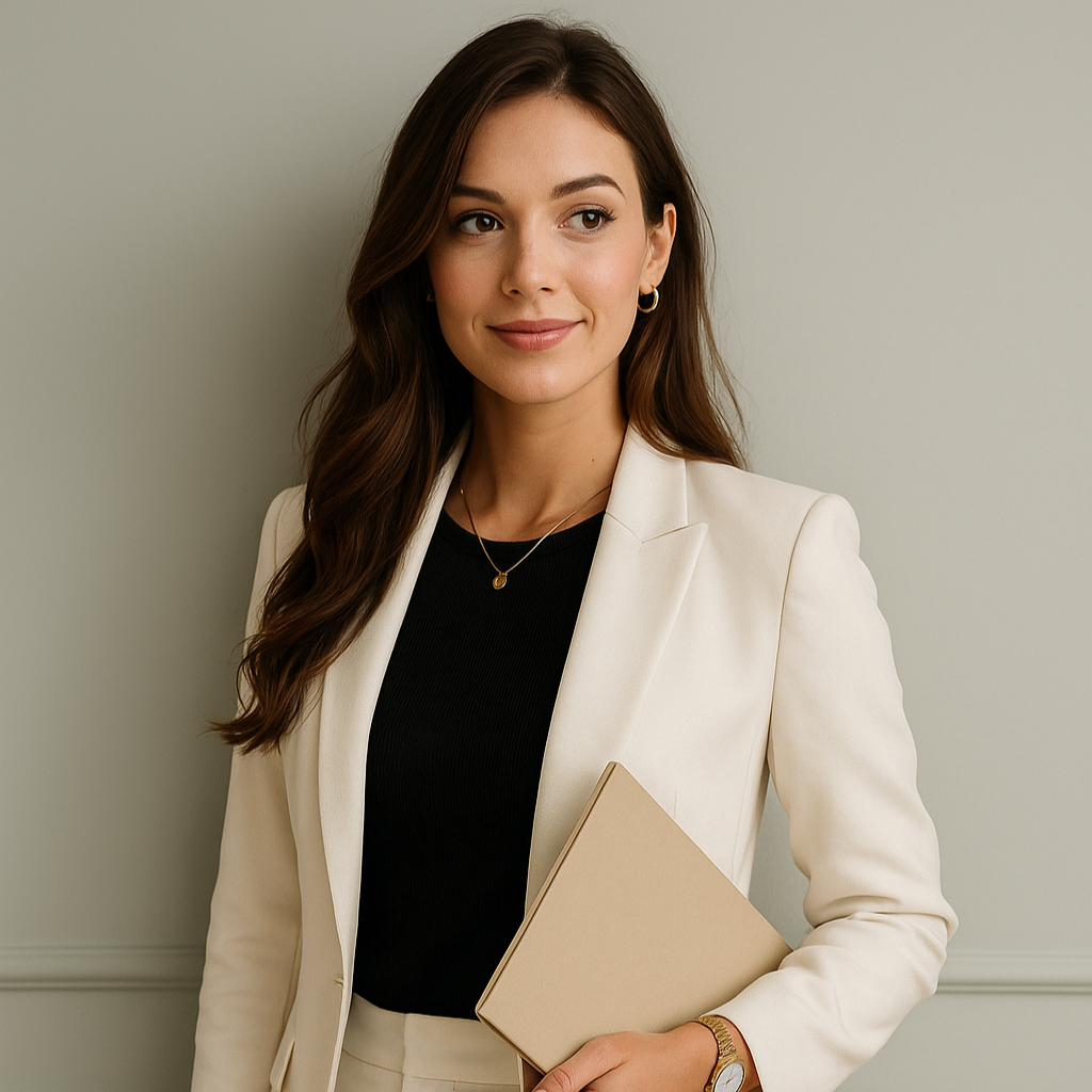 “A stylish young female real estate agent in a neutral, modern outfit standing in a bright, minimalist home interior.”