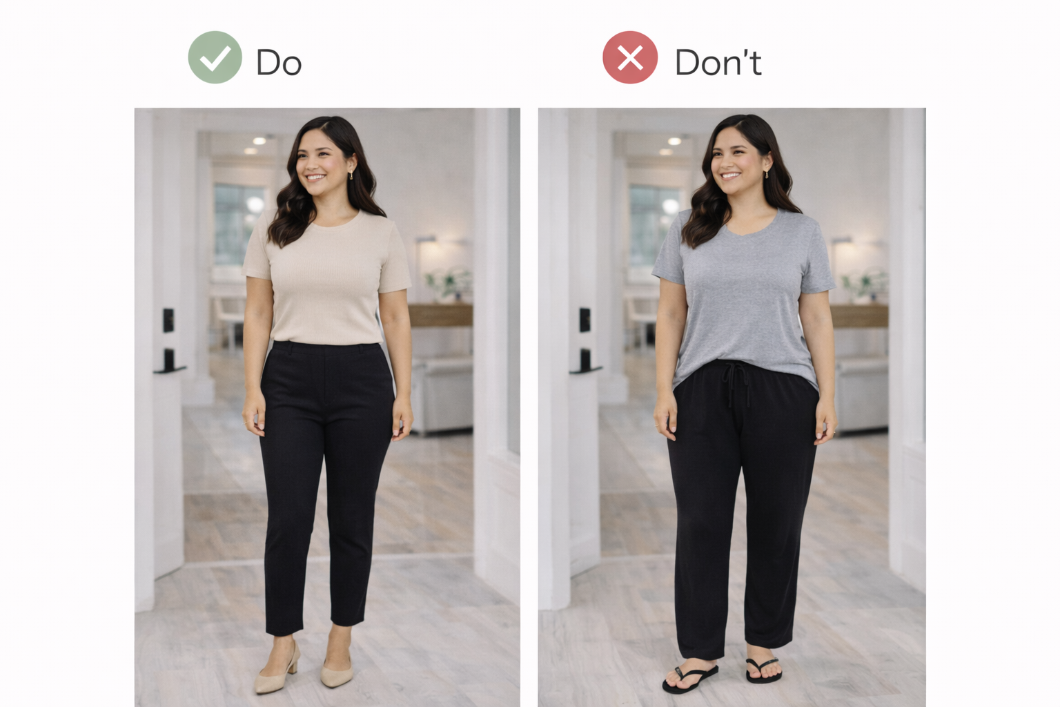a side by side of a model in professional wear in low heel pumps and the other wearing baggier clothes and flip flops to show homes as a real estate agent