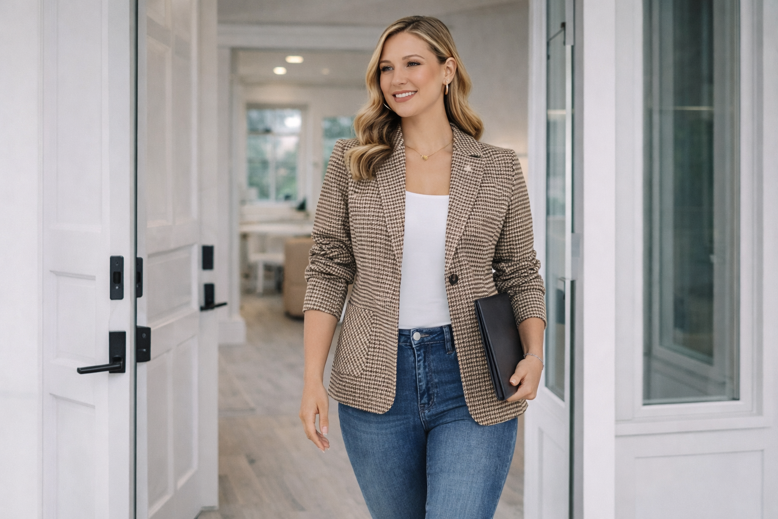 Confident agent entering a modern home in houndstooth blazer