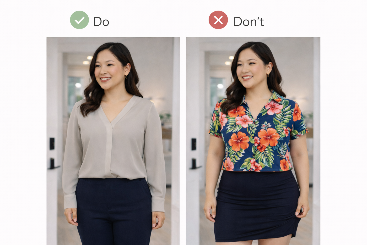 a side by side of a model wearing a neutral professional top vs the same model wearing a hawaiian print shirt depicting best work attire for real estate agents