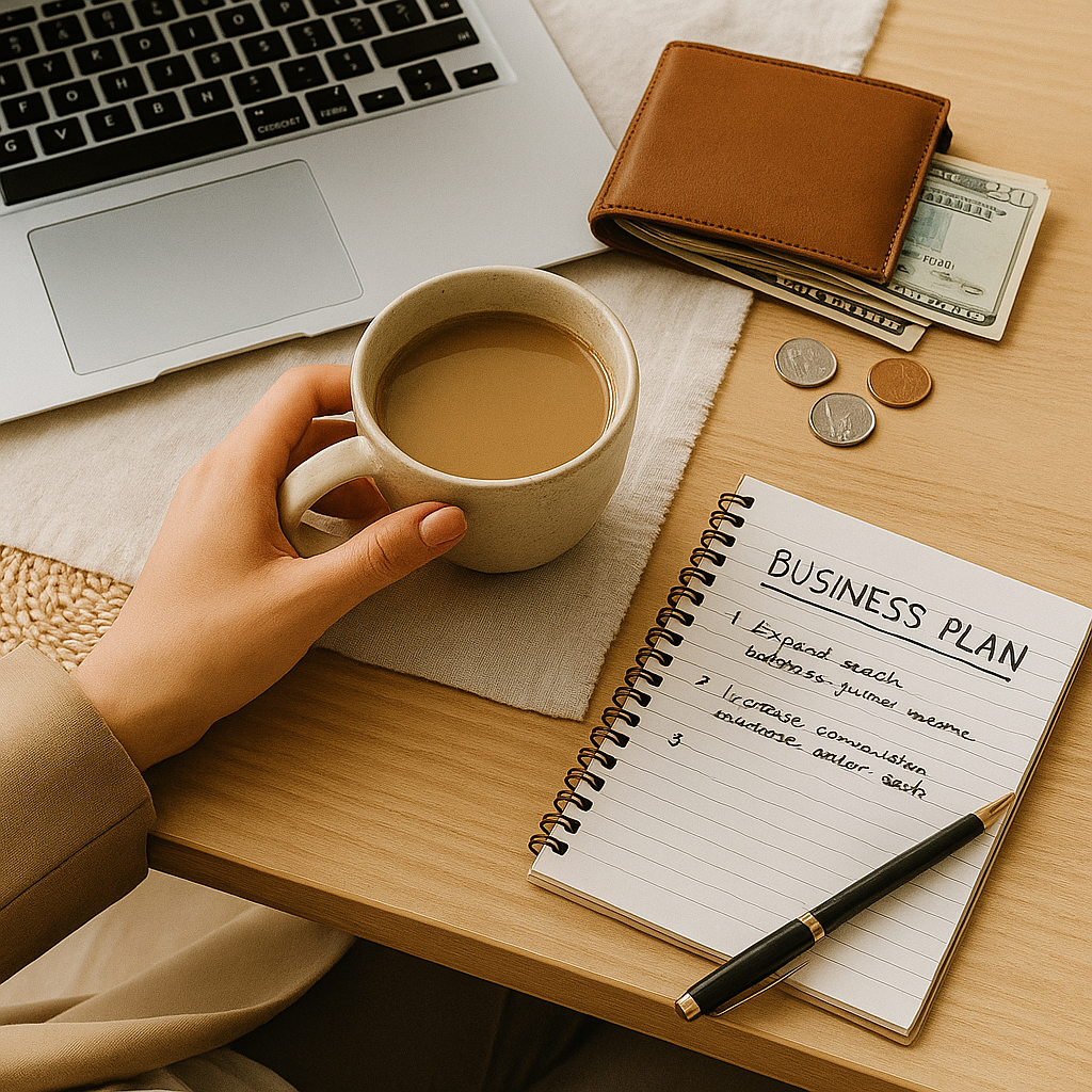 “A real estate agent sitting at a clean desk with a coffee, laptop, and planner while reviewing finances and planning her business.”
