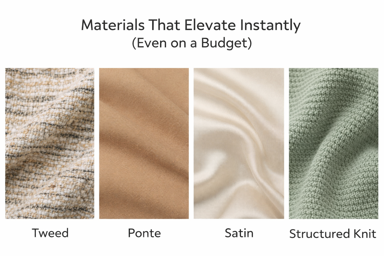 swatches showing fabric textures that elevate real estate wardrobes instantly even on a budget