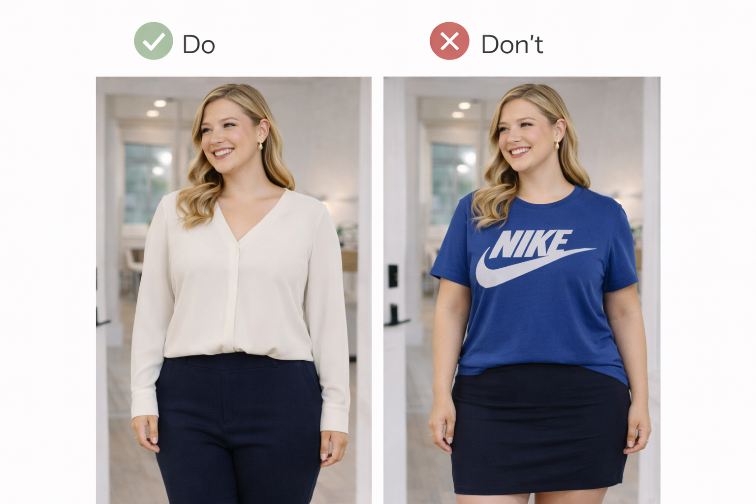 side by side of a woman wearing a clean neutral professional top next to one wearing a brightly colored name brand t-shirt