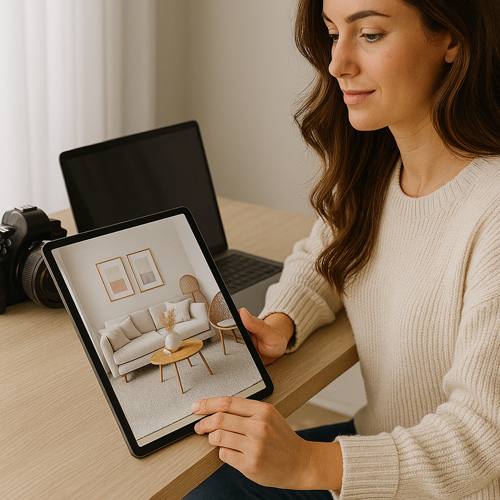 “A young female real estate agent working on a laptop while reviewing interior photos and creating virtual staging content.”