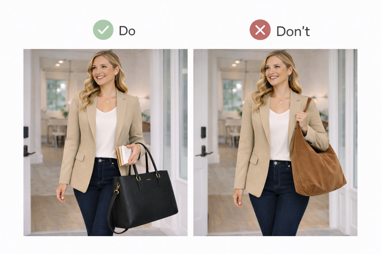 side by side images showing do vs dont real estate bag choices between structured and slouchy styles