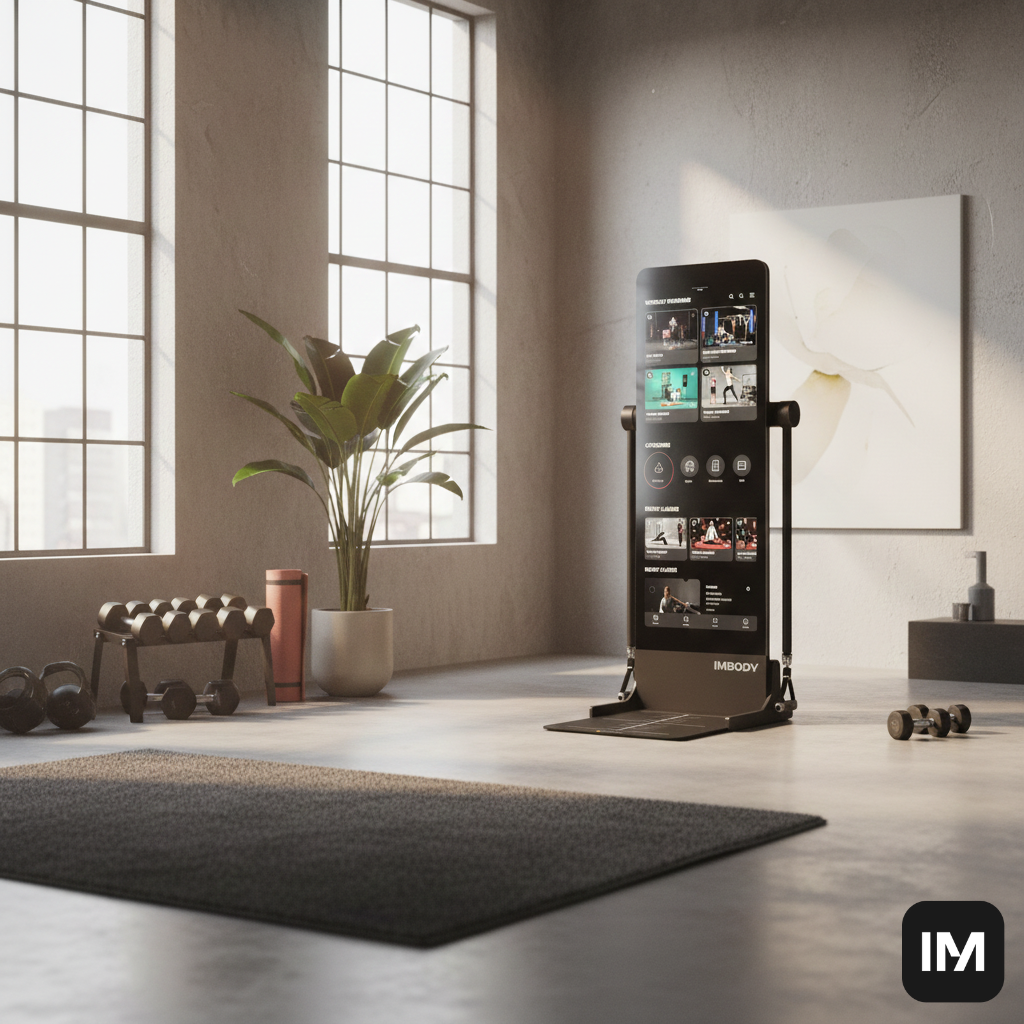 Kućna teretana sa IMBODY Power S smart mašinom. Mašina ima touchscreen i zauzima 1 m kvadratni.