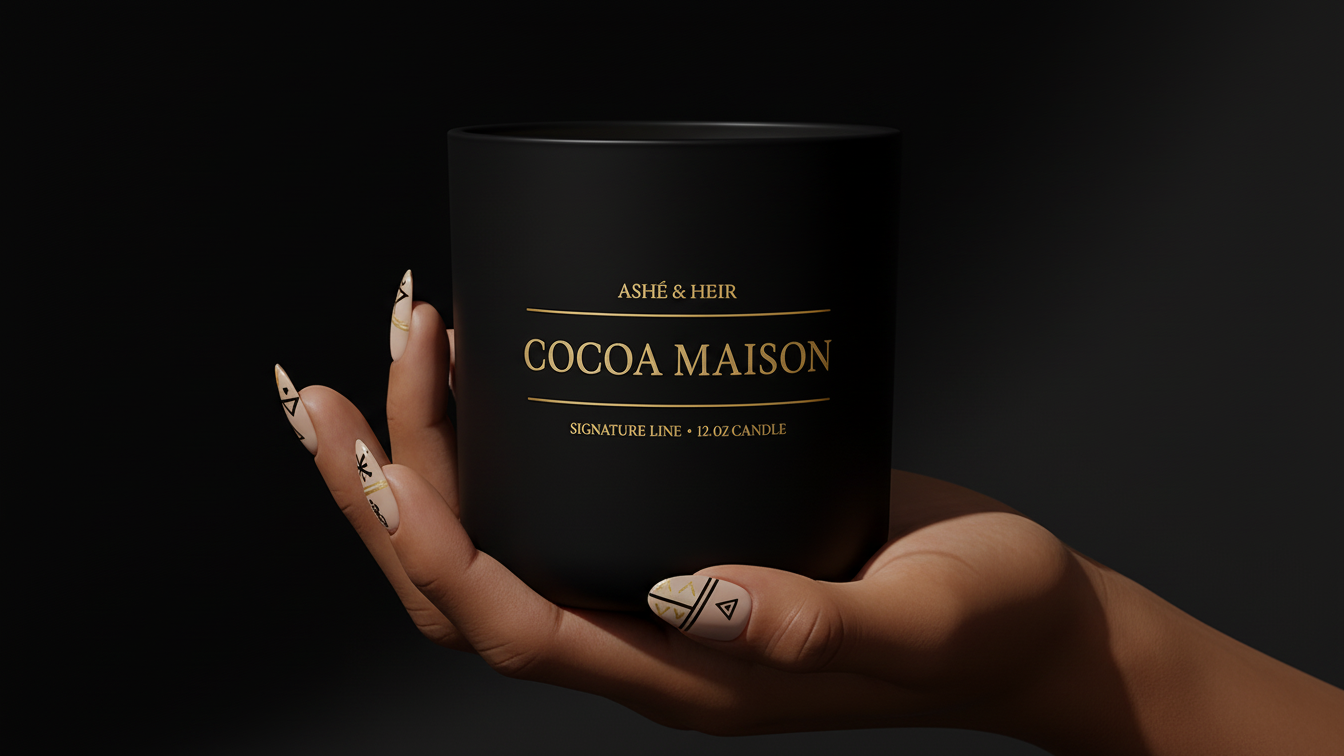 A hand with decorated nails holding a black candle jar labeled 'Cocoa Maison' and 'Ashé & Heir' against a dark background.