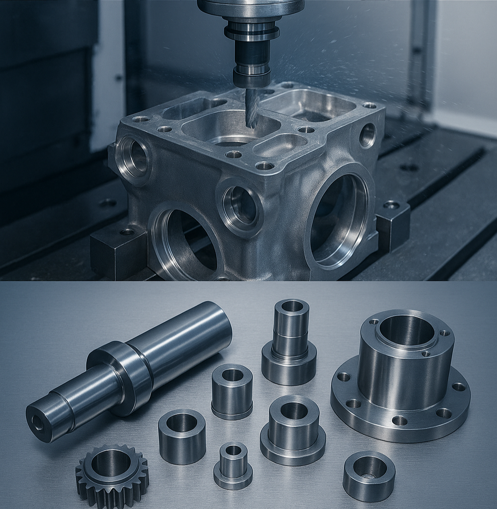 Machinist working with metal parts, CNC machine cutting a metal block, various metal components laid out on a surface.