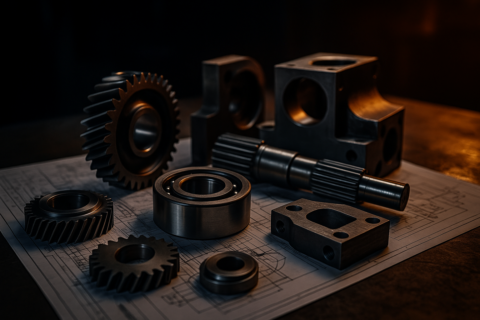Cinematic wide image of machined industrial steel components—including gears, bearings, shafts, and housings—arranged on detailed engineering blueprints under warm workshop lighting.