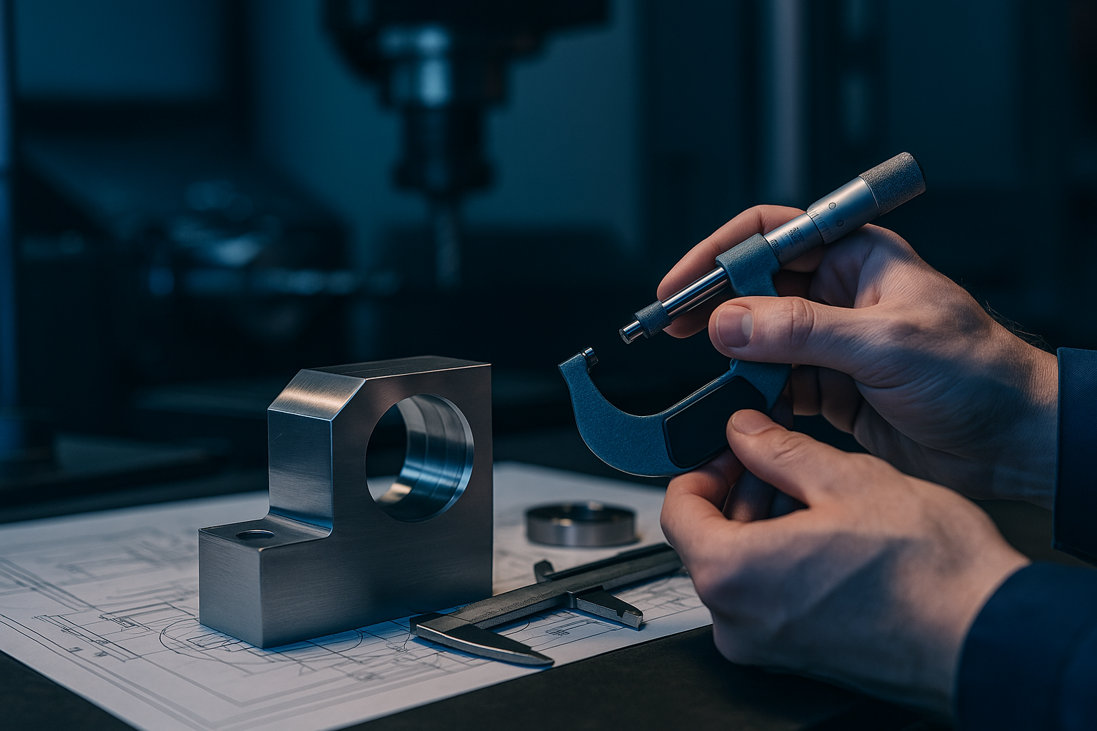 Close-up of hands using a micrometer to inspect a CNC-machined metal part, with calipers and technical blueprints on the work surface inside a precision machining workshop.