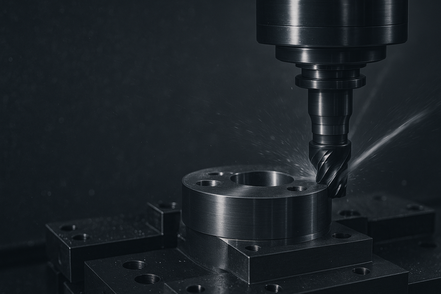 Cinematic close-up of a CNC milling machine cutting a metal part, showing precision tooling, coolant spray, and detailed machining textures.