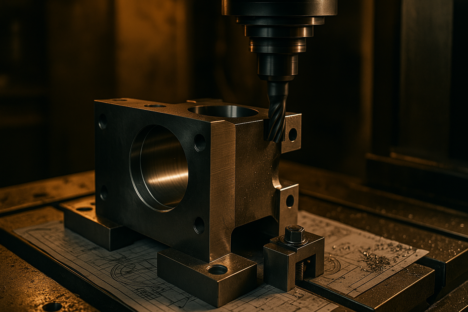High-resolution image showing a CNC cutting tool machining a large steel component on top of engineering schematics in a warm-lit industrial workshop.