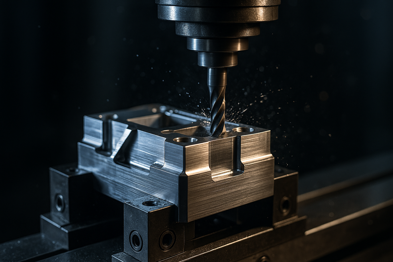 CNC milling machine cutting a metal part, showcasing precision machining during material selection process.