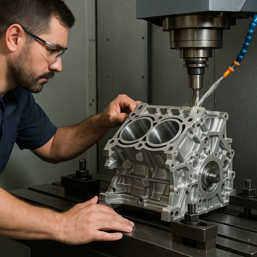 A skilled machinist inspects and positions an aluminum automotive engine block under a CNC milling machine while coolant flows onto the cutting tool, demonstrating hands-on precision machining at Universal Machining & Engineering LTD.