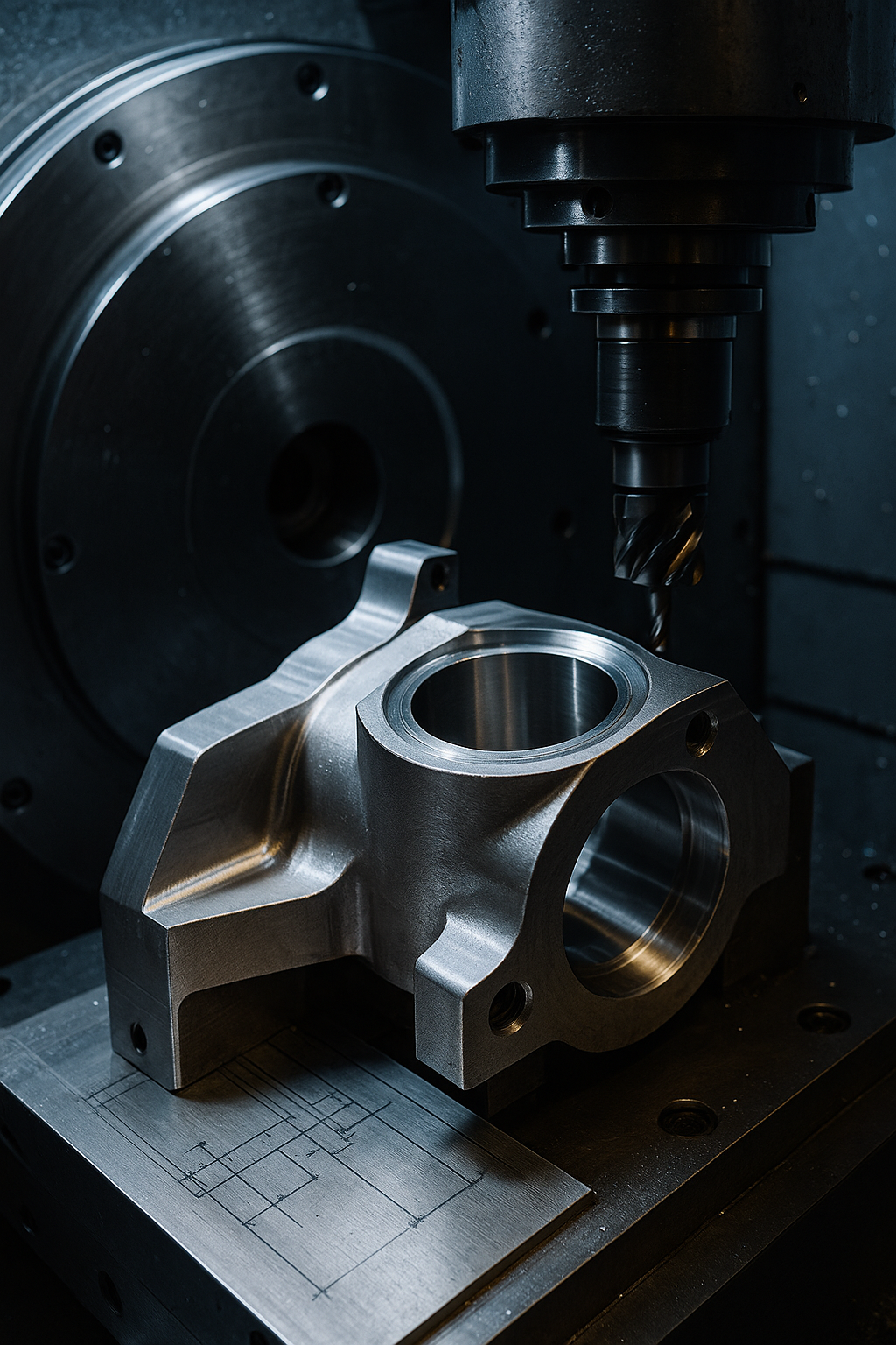 Assortment of industrial-grade machined parts on technical schematics, representing sectors served such as utilities, material handling, and heavy machinery.