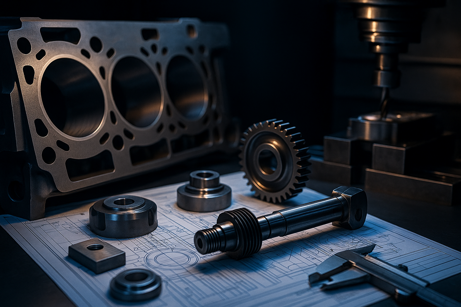 Machined metal automotive parts placed on technical drawings with a CNC mill cutting a workpiece behind them.