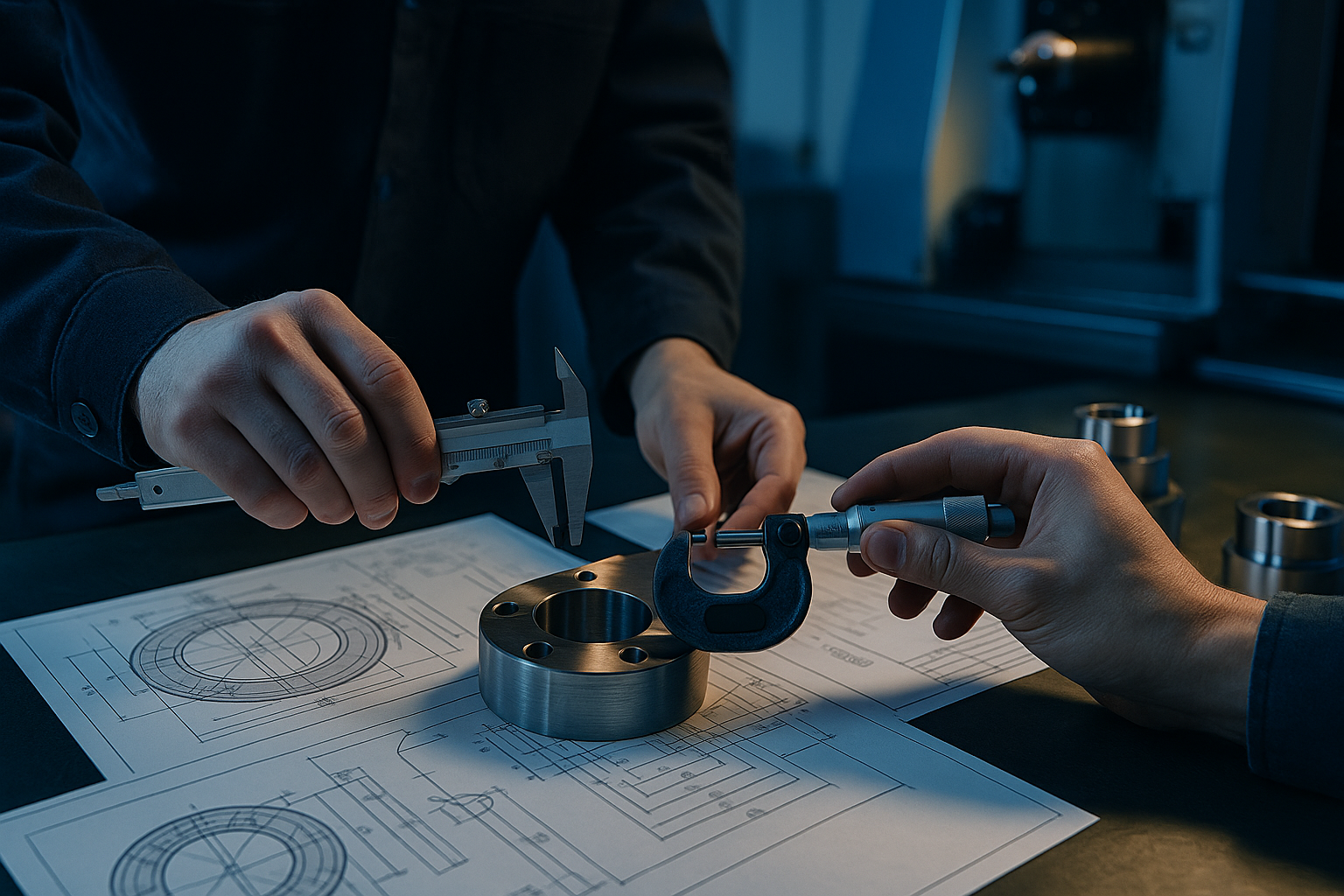 Close-up of engineers’ hands using a caliper and micrometer to measure a precision-machined metal part on top of technical blueprints inside a CNC workshop.