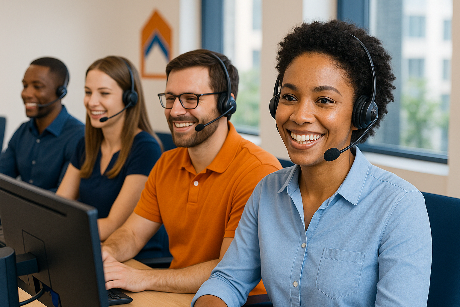 Four customer service representatives wearing headsets, working at computers in a bright office space with a large window and modern decor.
