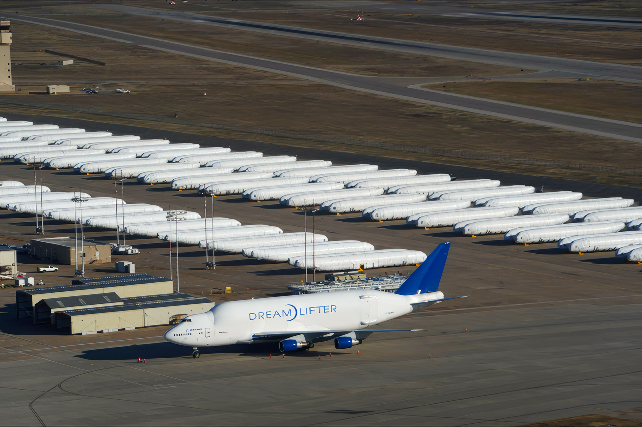 An airplane with the words 'DREAM LIFTER' on its fuselage parked on the tarmac near a row of covered aircraft.