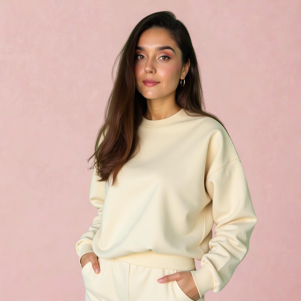 Retrato de una mujer joven con cabello largo y oscuro, llevando un conjunto de sudadera y pantalones blancos, con fondo rosado.