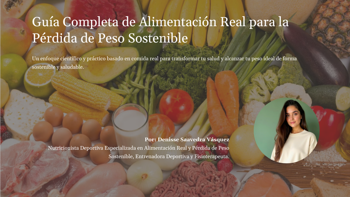 Fondo con variedad de frutas, verduras y alimentos frescos, con texto sobre guía de alimentación para pérdida de peso sostenible, y una foto de una mujer en la esquina inferior derecha.