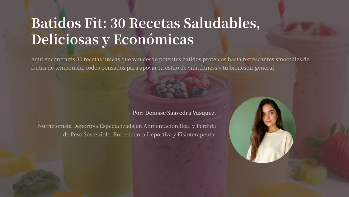 Portada de una guía sobre 30 recetas de batidos saludables, con una imagen de varios batidos y una foto de una mujer en la esquina derecha.