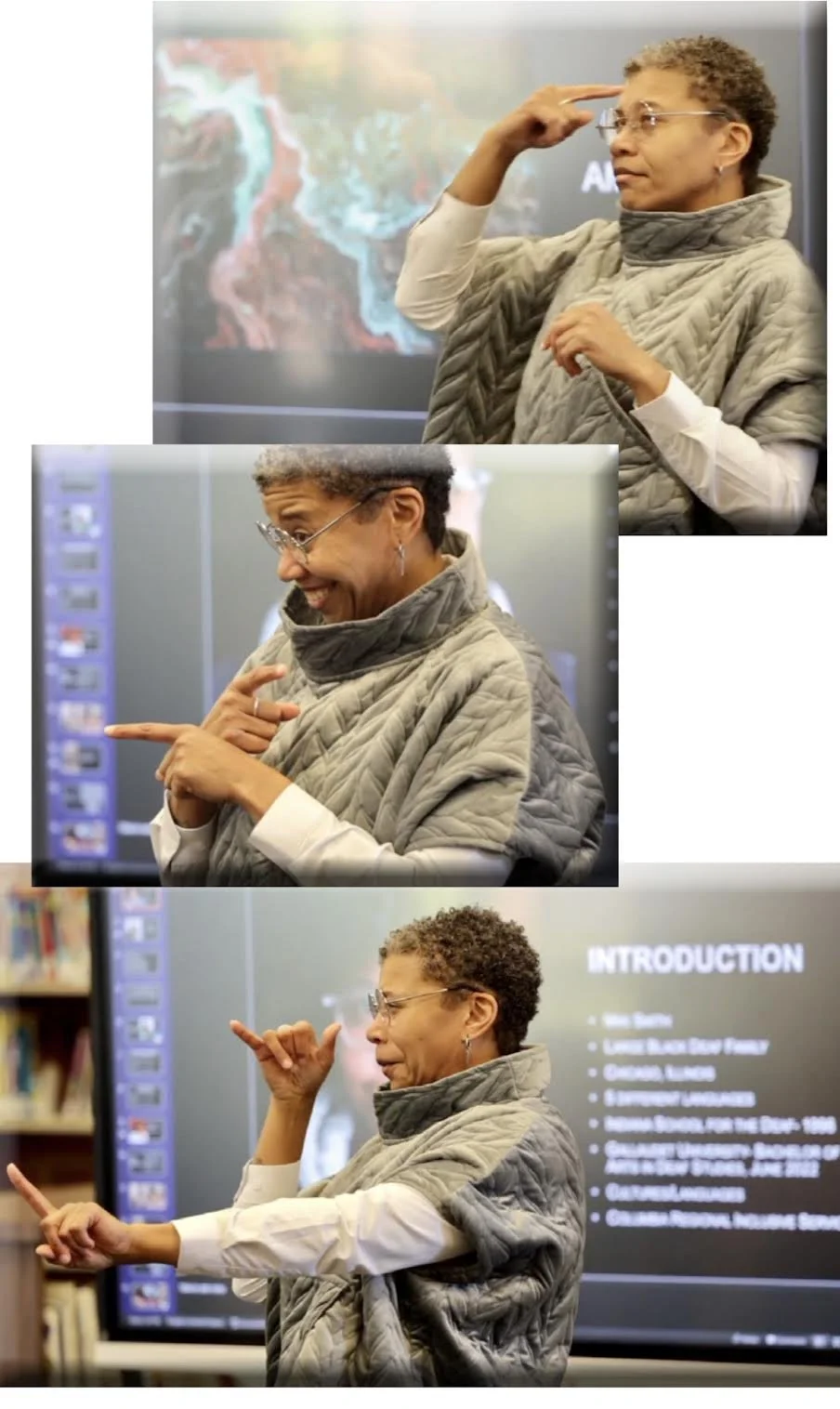 Photo collage of Miki signing during a presentation, shown in three moments while explaining concepts in front of a projected screen.