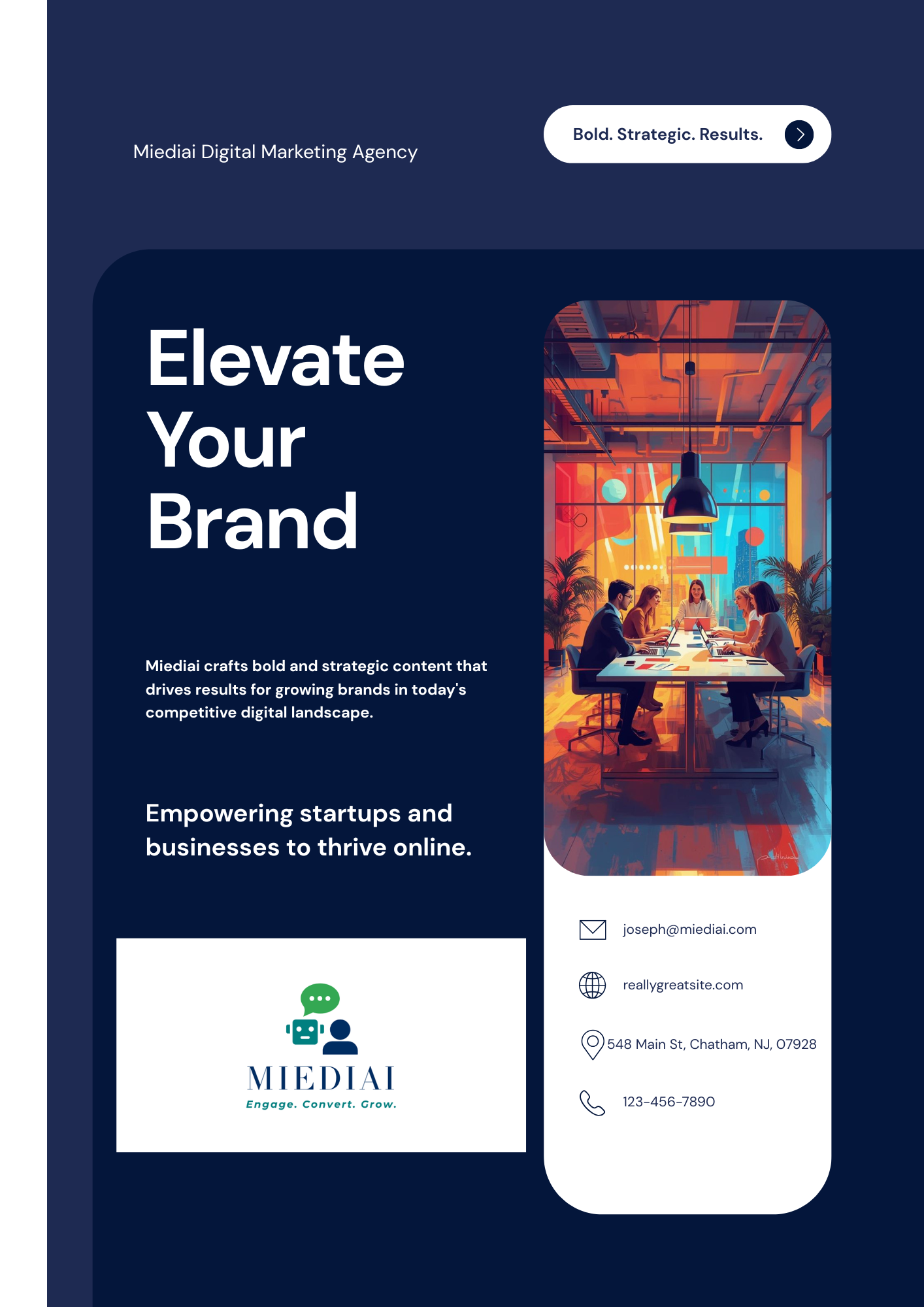 Digital marketing agency flyer with slogan 'Elevate Your Brand', featuring a colorful business meeting illustration and contact information.