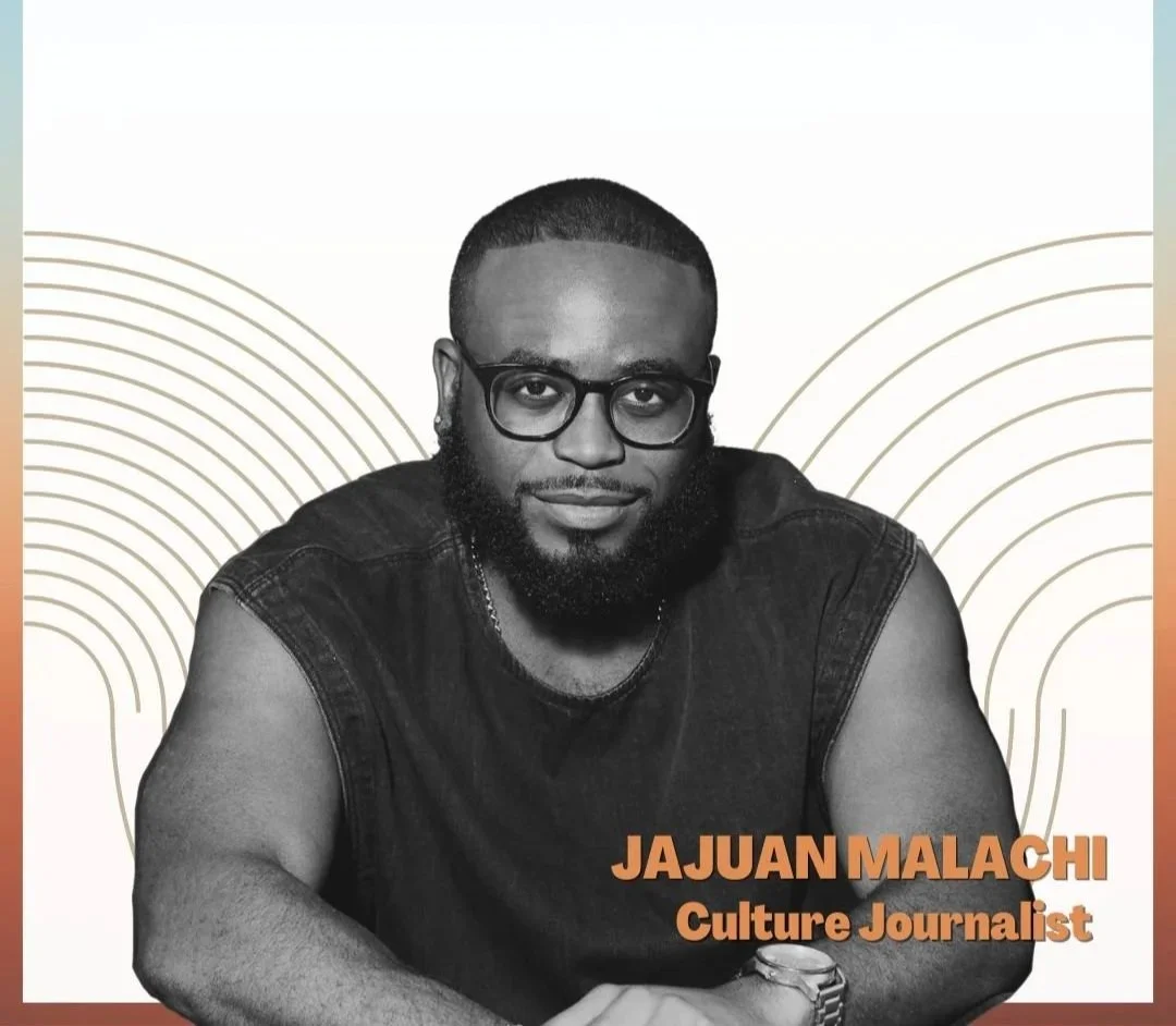 Black and white portrait of Jajuan Malachi, a culture journalist, wearing glasses and a sleeveless black shirt, with a serious expression, sitting with arms crossed, against a background with curved line designs and his name and title in orange text.