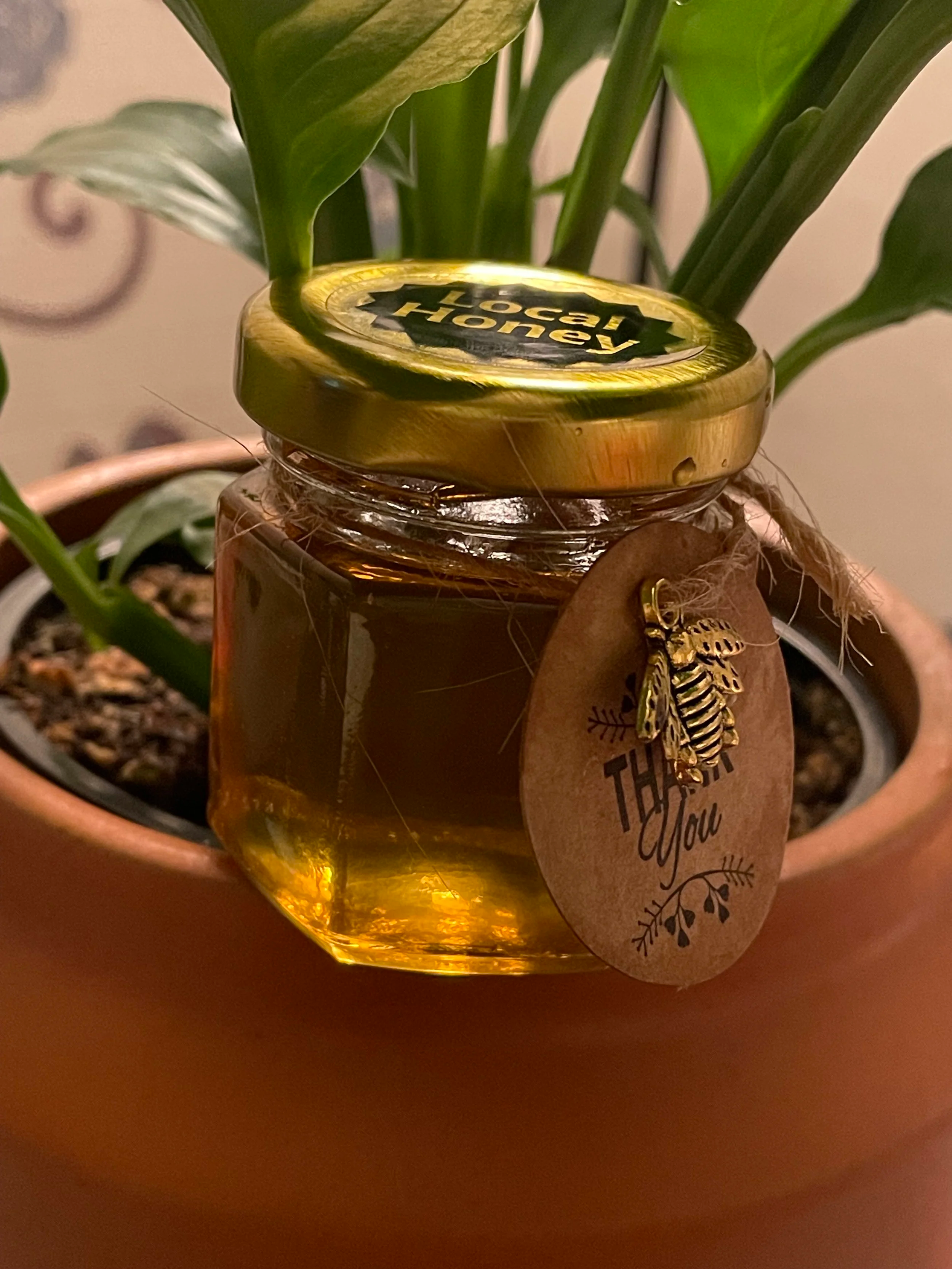 Local honey in mini hexagonal jar