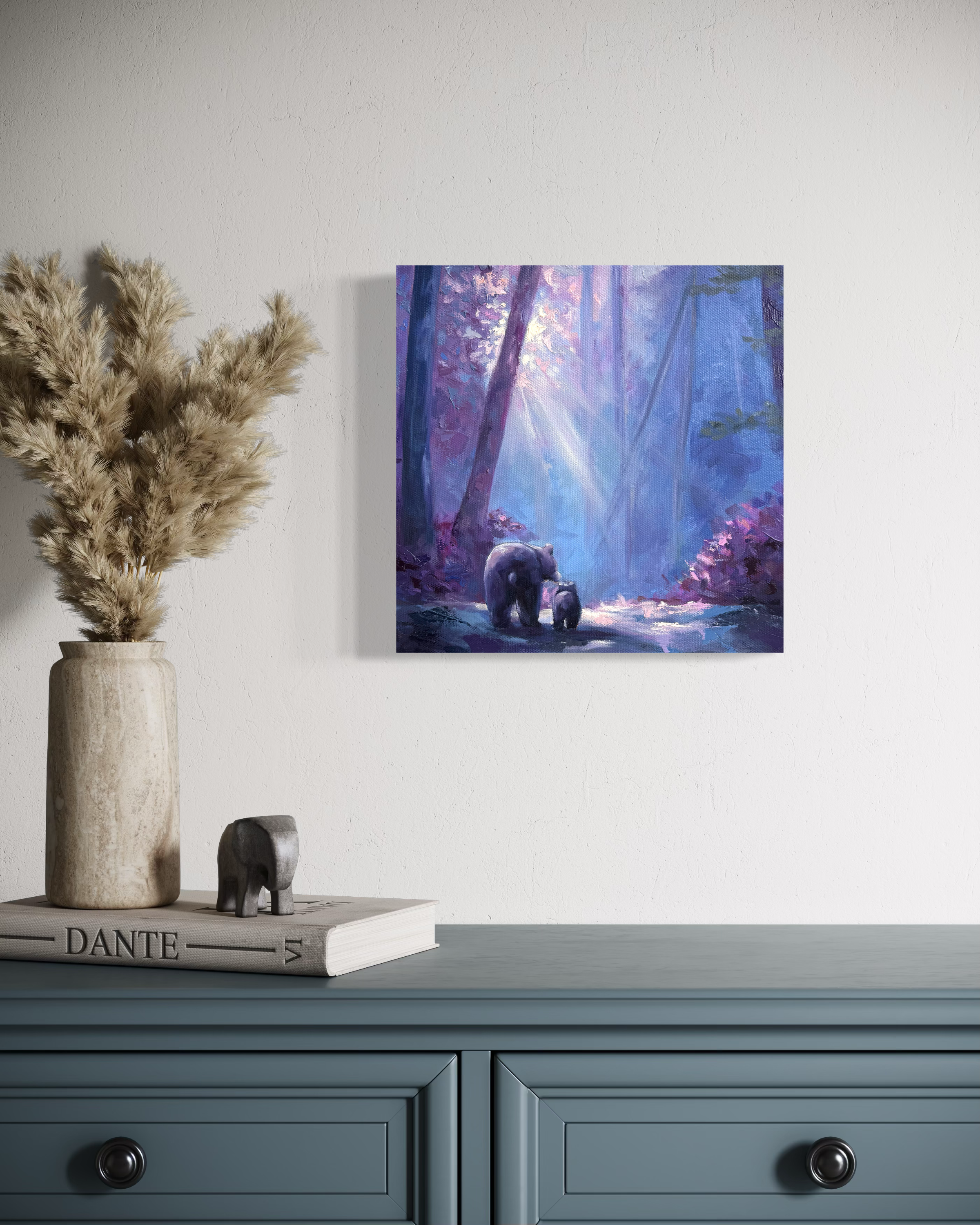 Stick with Me | 10x10" Mixed Media Painting of a Momma Bear and her Baby