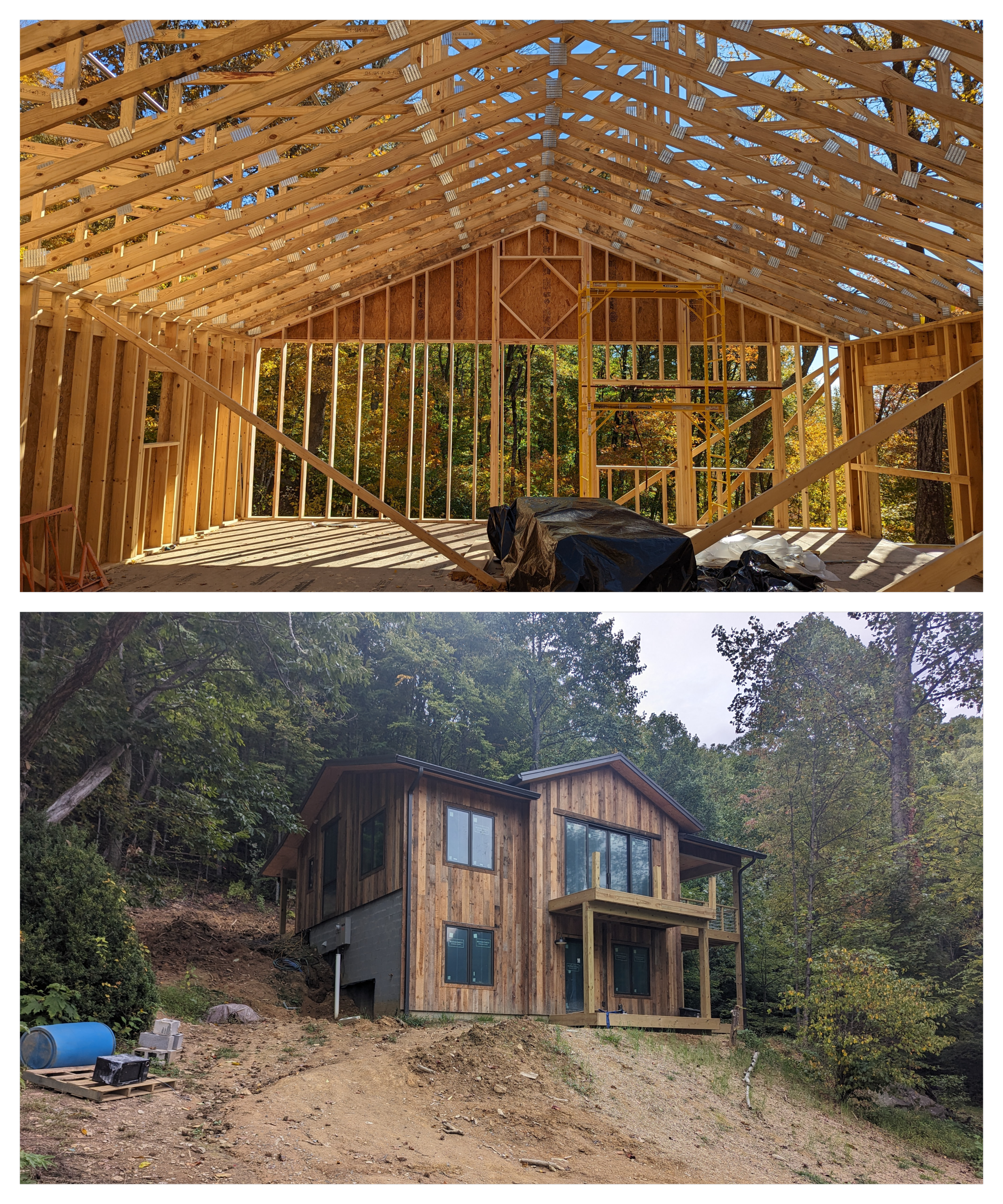 View of a house under construction with wooden framing and roofing in a wooded area, with construction materials and equipment on the ground.