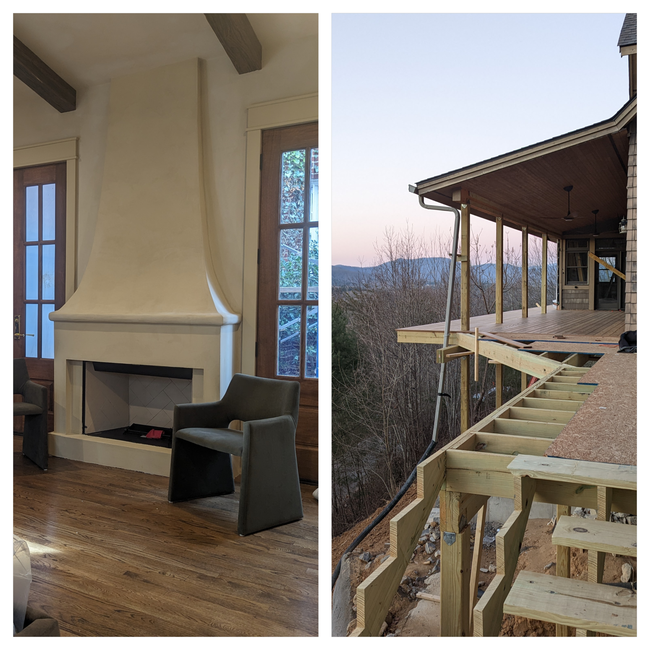 Side-by-side photos of the same space: the left photo shows a finished room with wooden floors, a fireplace, windows, and chairs; the right photo shows an unfinished porch with wooden beams, a railing under construction, and a scenic mountain view in the background.