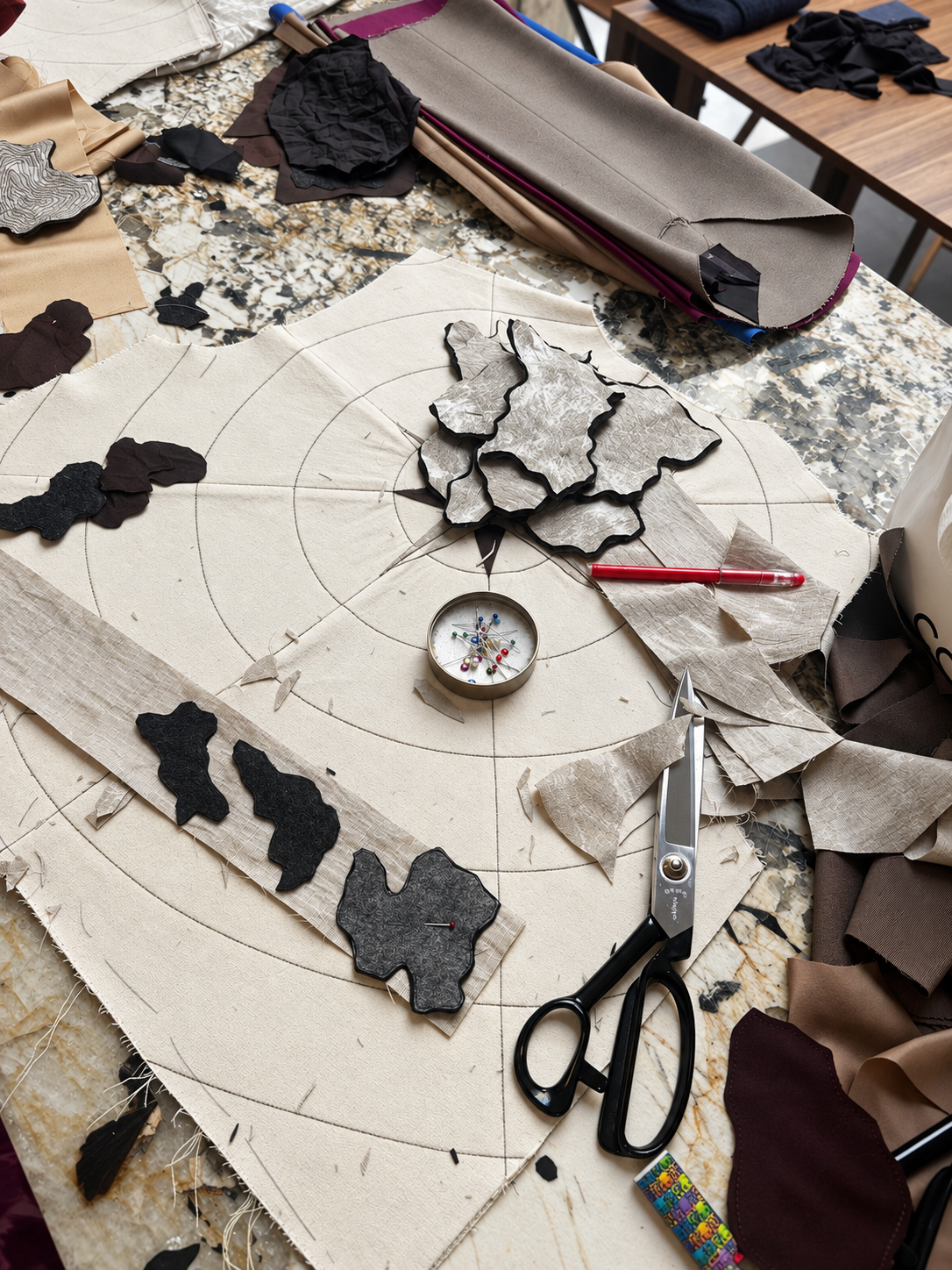 Composition textile en cours sur une table d’atelier, avec patrons, épingles et ciseaux.