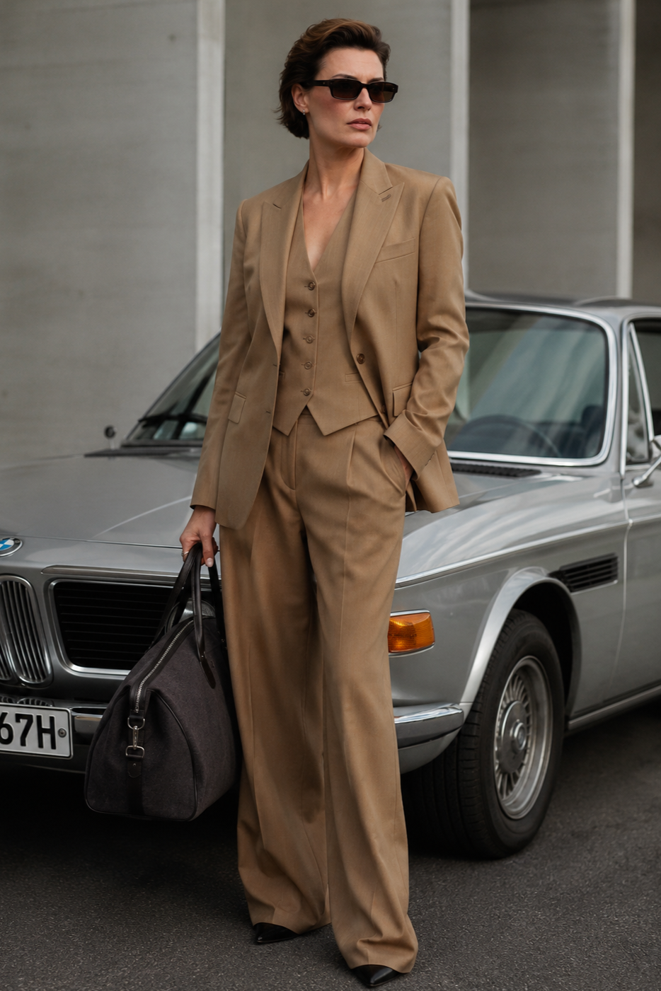 Femme habillée en tailleur beige avec lunettes de soleil, tenant un sac noir, debout devant une voiture classique argentée.