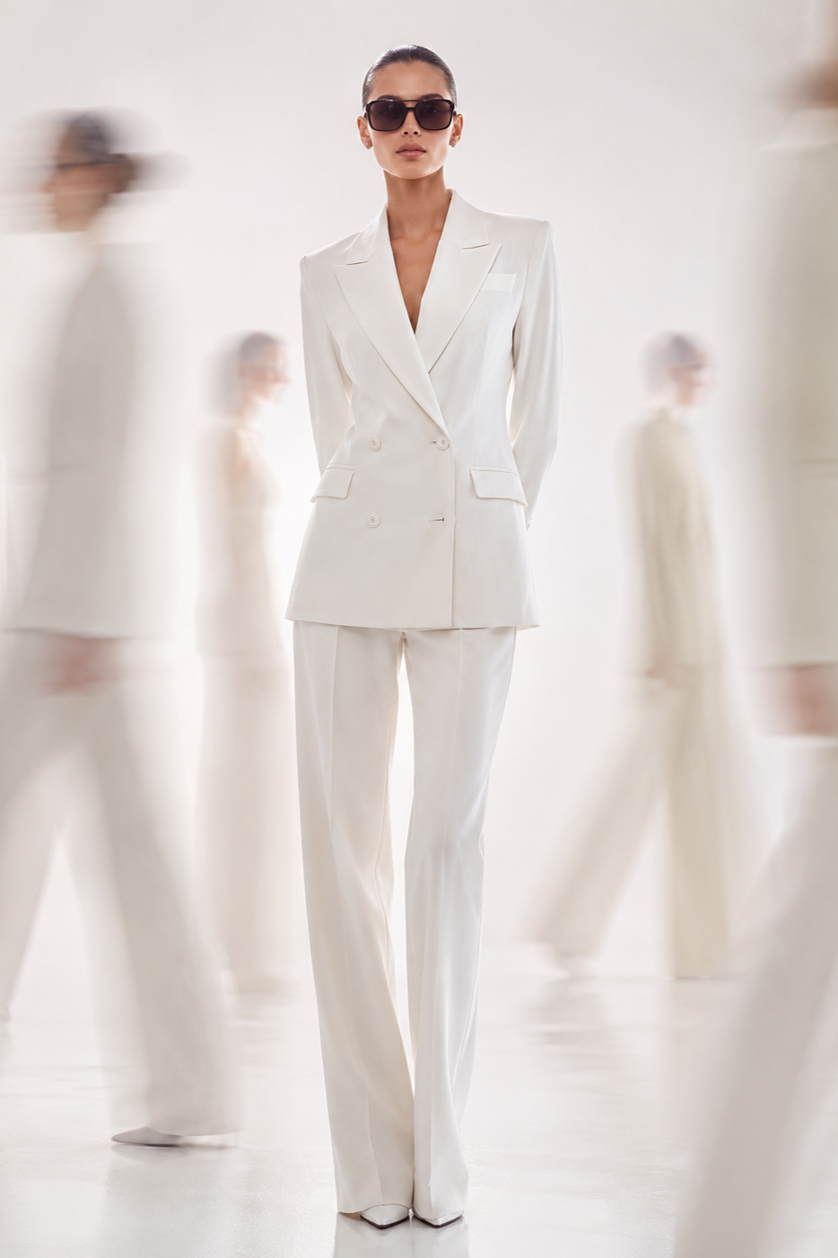 Femme en costume blanc avec lunettes de soleil, debout au centre, entourée de silhouettes floues de femmes dans un espace neutre.
