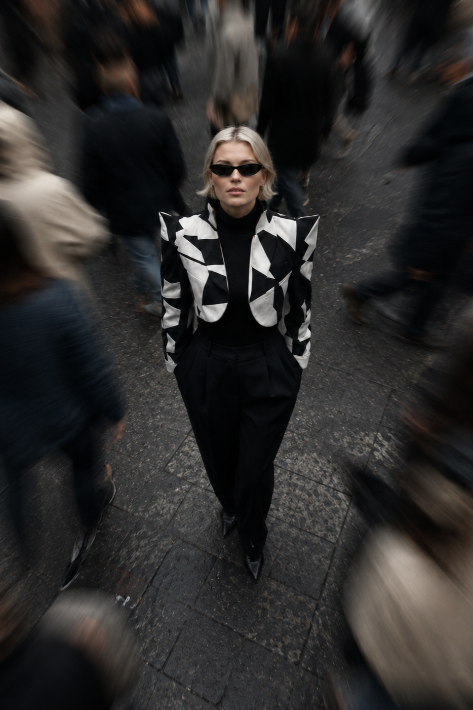 Une femme avec des cheveux blonds courts, portant des lunettes de soleil noires, un blazer noir et blanc à motif géométrique, un t-shirt noir à col roulé, et un pantalon noir, debout au centre d'une foule floue autour d'elle.