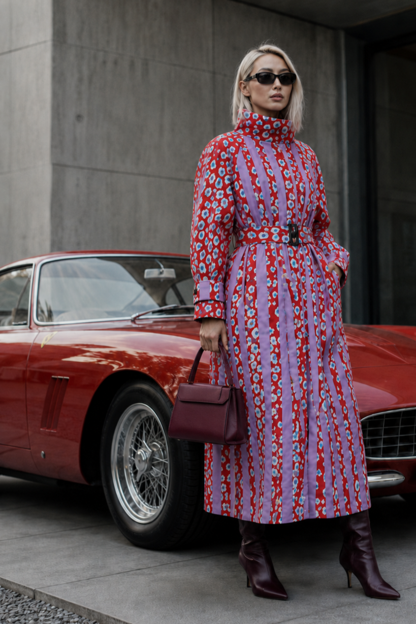 Une femme en manteau coloré avec lunettes de soleil, portant un sac à main, se tient devant une voiture de collection rouge.