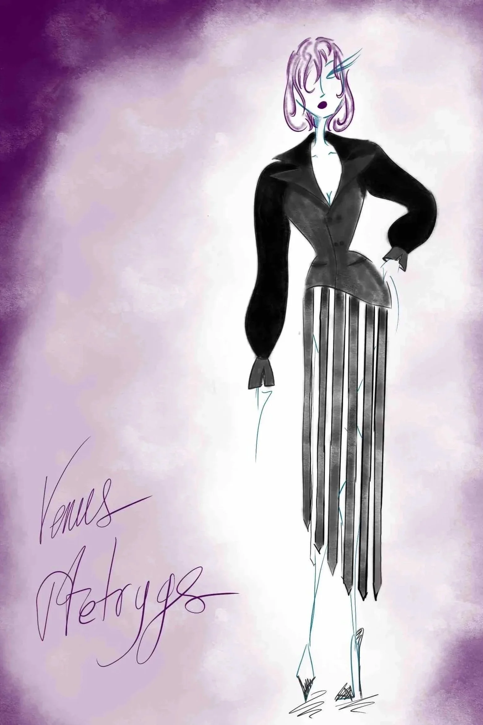 Silhouette sketch with a black jacket and a skirt with vertical bands.