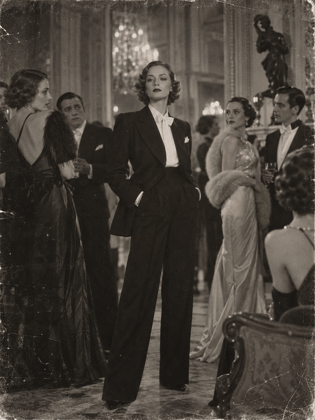 Black-and-white scene of a woman wearing a trouser suit at an evening reception.