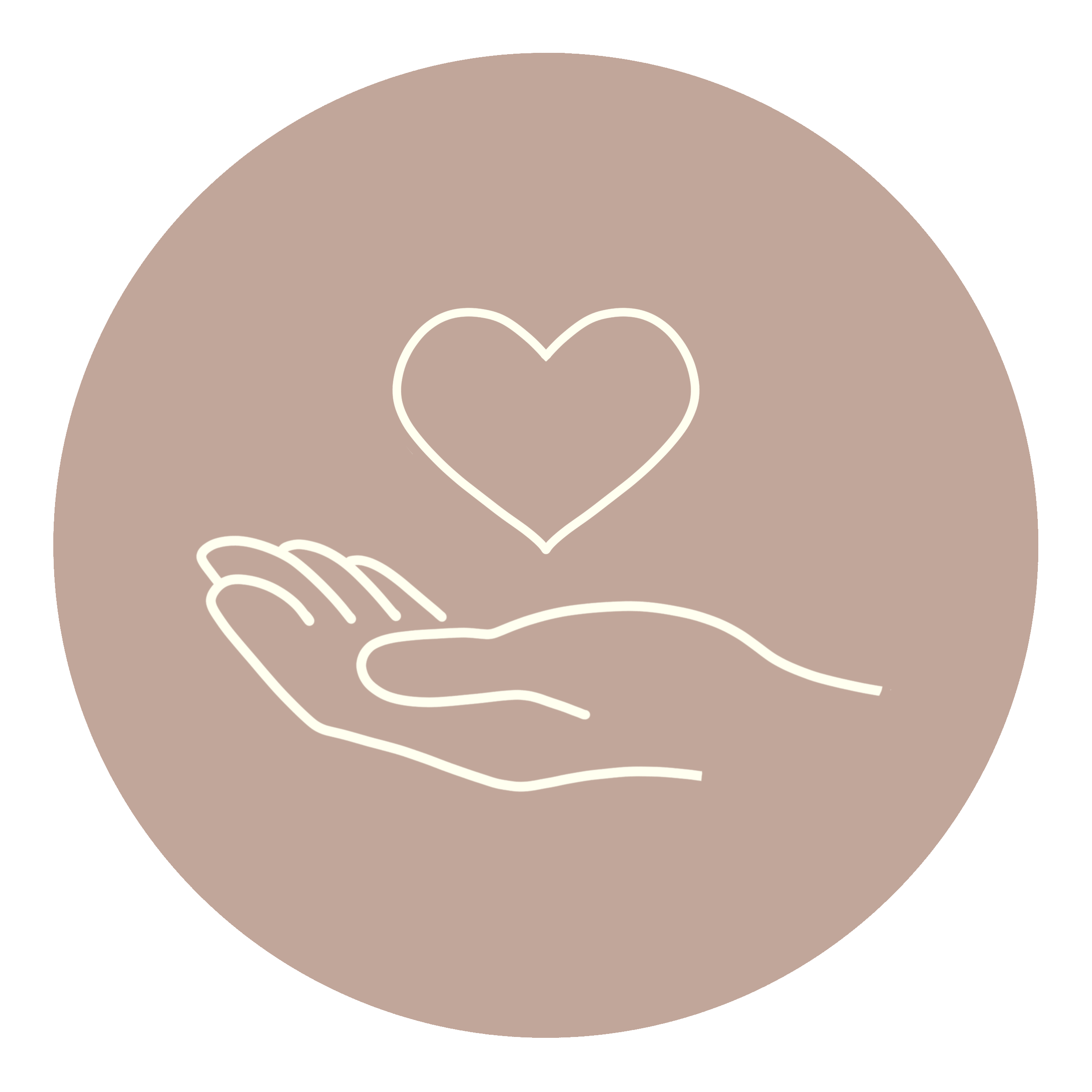 Outline of a hand with a heart above it, within a beige circle