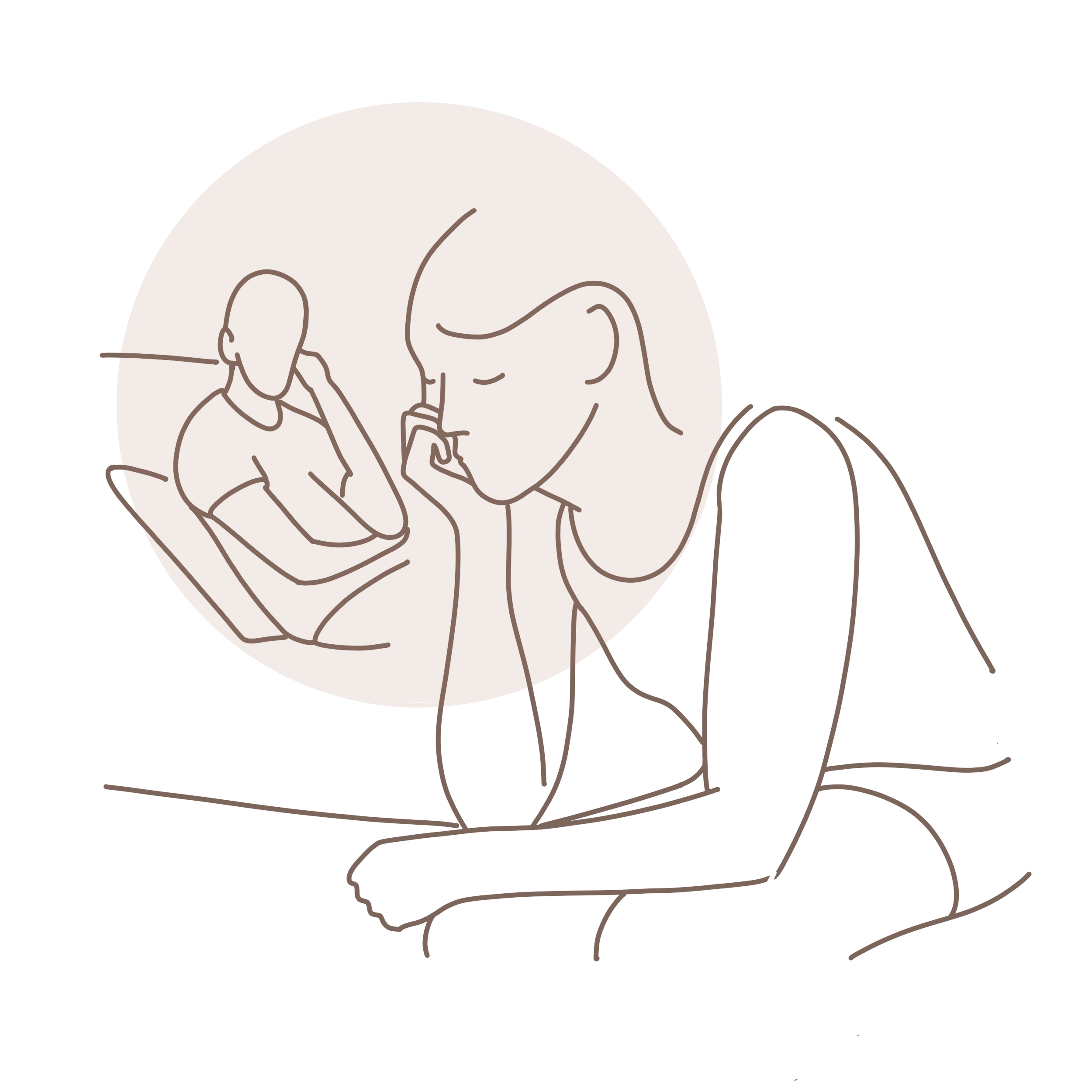 a woman sitting on the edge of her bed with her partner in the background