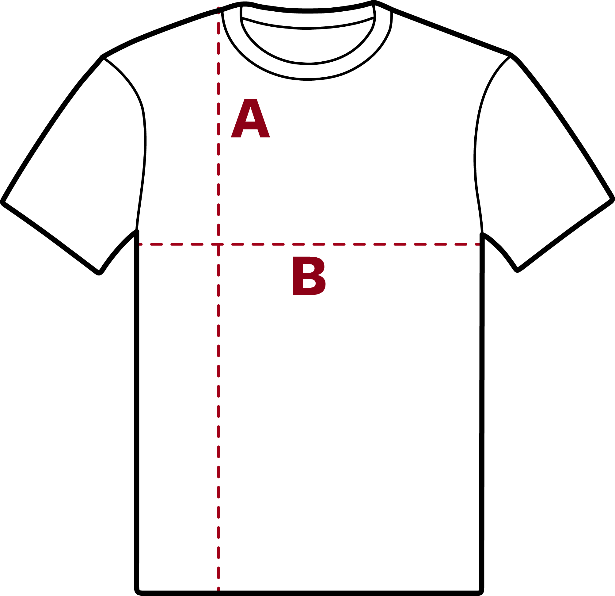 A sizing chart illustration of a white T-shirt with dashed lines indicating measurement points for size, labeled with letters A and B.