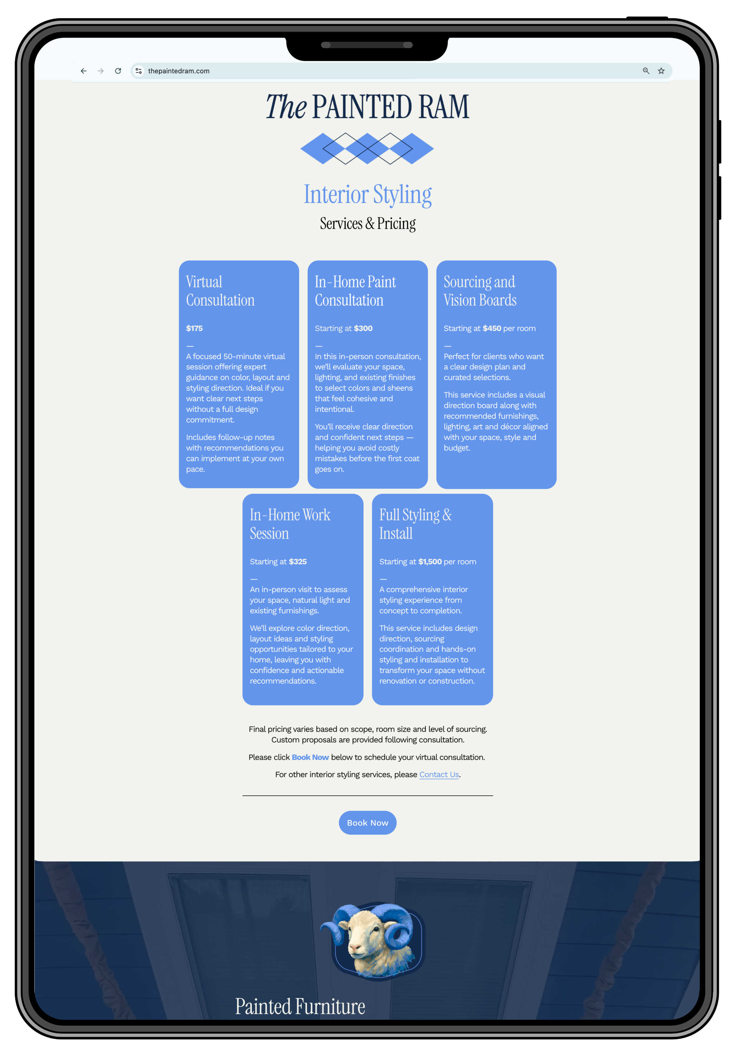 The Painted Ram's interior styling services and pricing page shown on an iPad, with five blue service cards from a $175 virtual consultation through full styling and install.