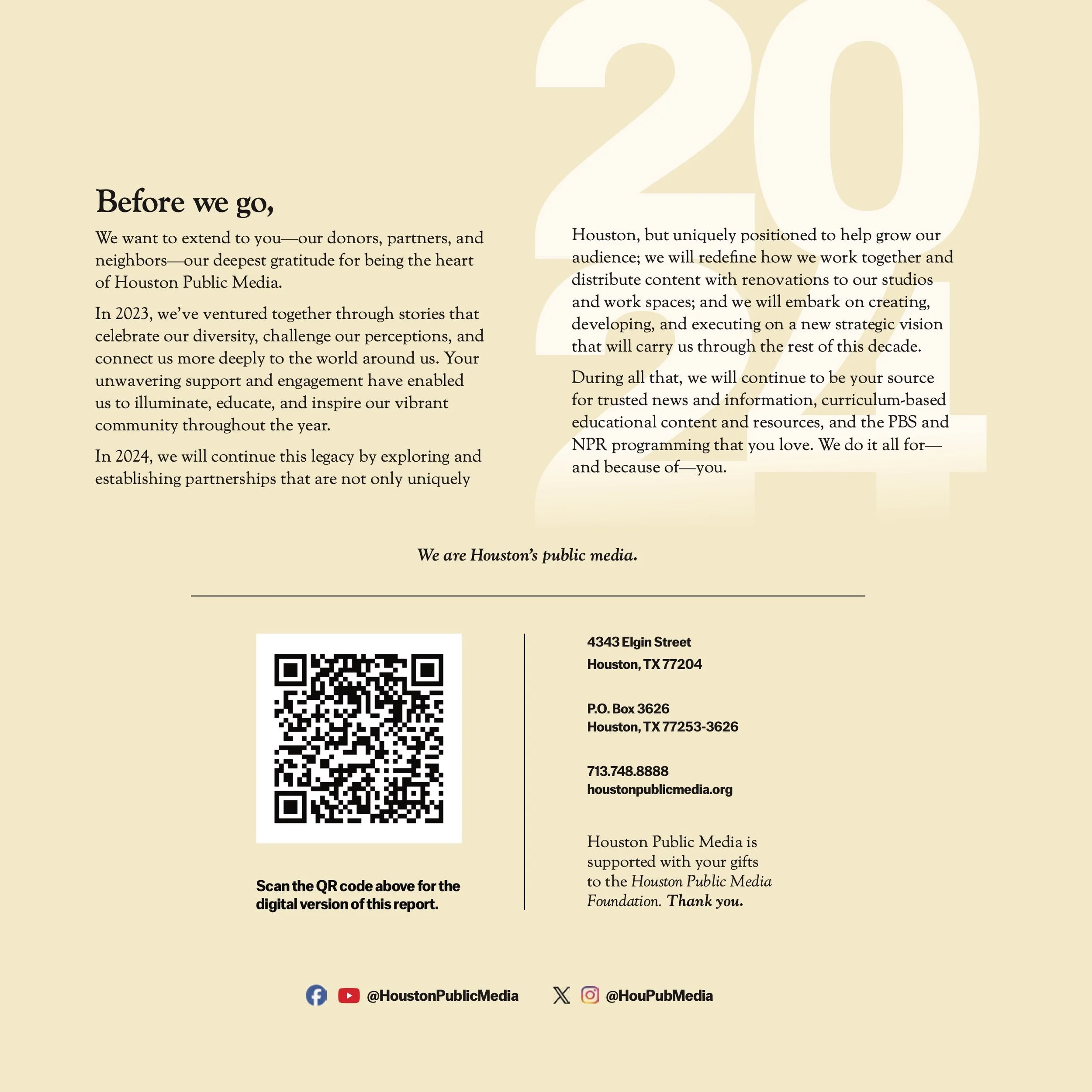The report's closing spread, "Before we go," with a letter of thanks to donors, the line "We are Houston's public media," and a QR code linking to the digital edition.