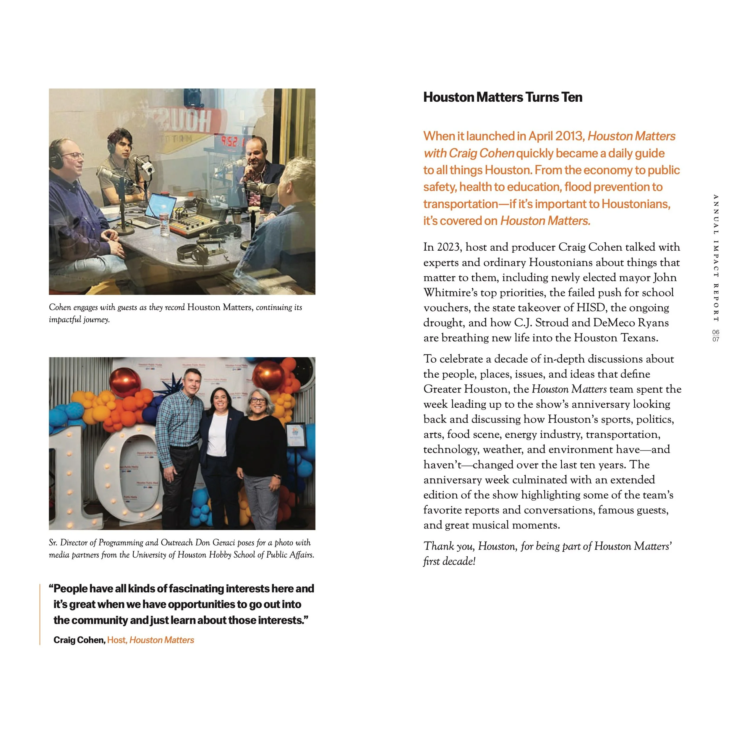 Report spread headlined "Houston Matters Turns Ten," pairing a Turns Tenstudio photograph of Craig Cohen recording with guests and a group shot at a lit "10" marquee with a pull quote from Cohen.