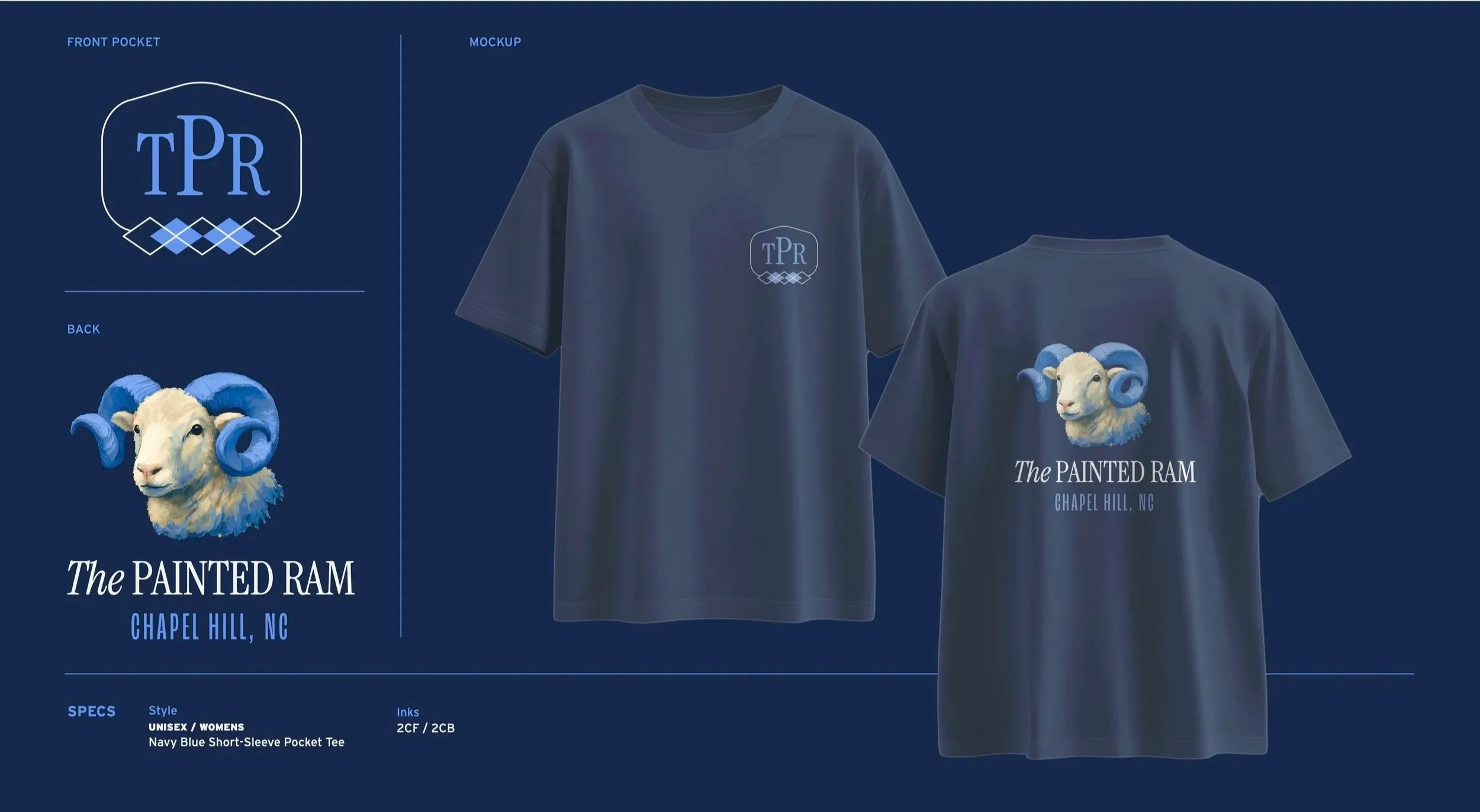 Design sheet for The Painted Ram pocket tee: the TPR monogram badge for the front, a painted ram's head with "The Painted Ram, Chapel Hill, NC" for the back, and navy front and back garment mockups.