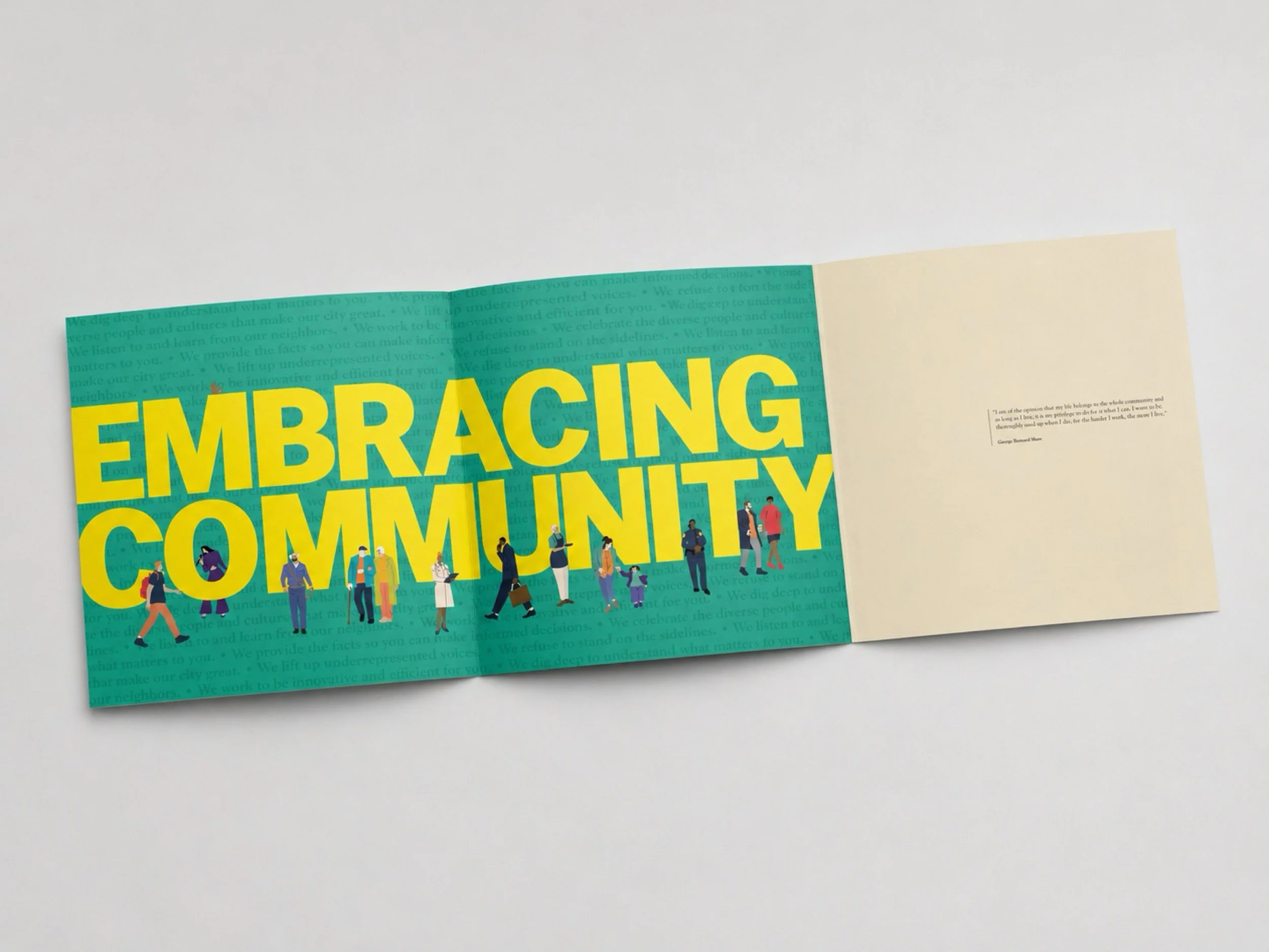 The report open to the "Embracing Community" spread: yellow display type over a green field of illustrated figures, facing a cream page with a George Bernard Shaw quotation.